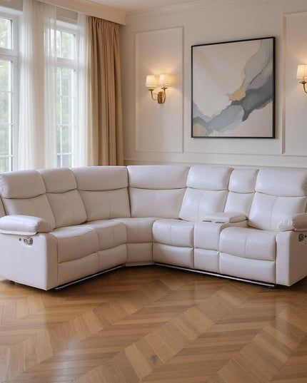 Off White Faux Leather Reclining Curved Six Piece Sectional With LED And Console