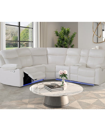 Off White Faux Leather Reclining Curved Six Piece Sectional With LED And Console
