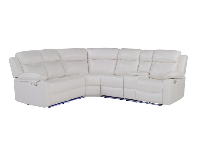 Off White Faux Leather Reclining Curved Six Piece Sectional With LED And Console