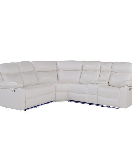 Off White Faux Leather Reclining Curved Six Piece Sectional With LED And Console