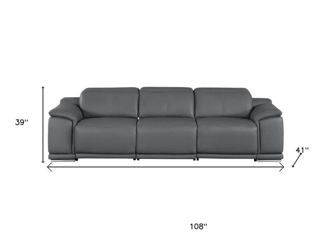 108" Battleship Gray Leather Reclining USB Sofa