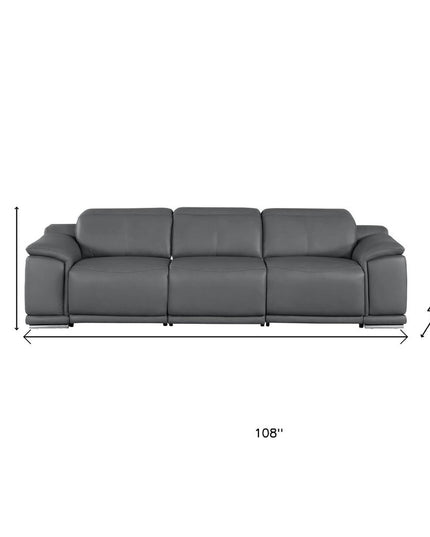 108" Battleship Gray Leather Reclining USB Sofa