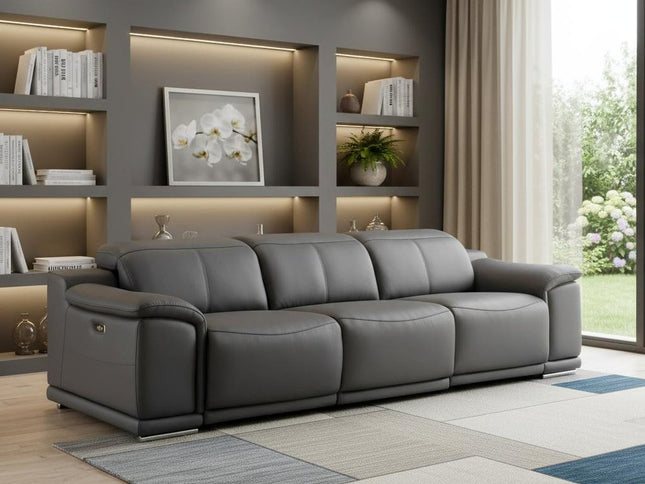 108" Battleship Gray Leather Reclining USB Sofa