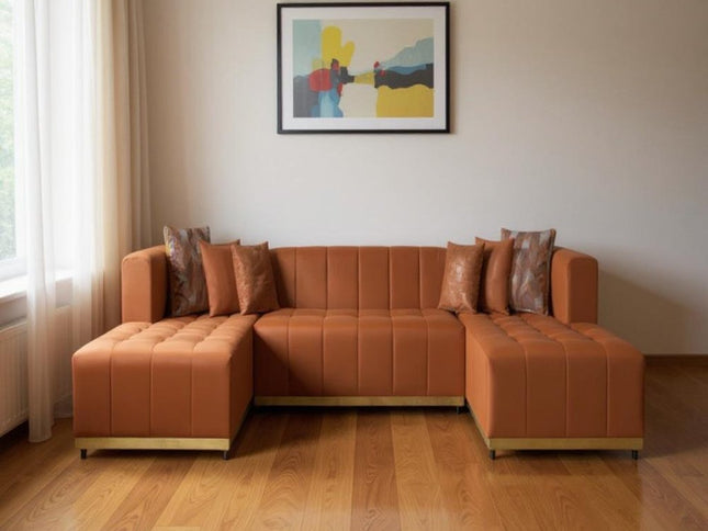 Orange Velvet U Shaped Three Piece Sofa and Chaise Sectional With Toss Pillows