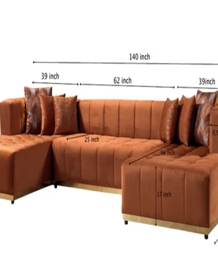 Orange Velvet U Shaped Three Piece Sofa and Chaise Sectional With Toss Pillows