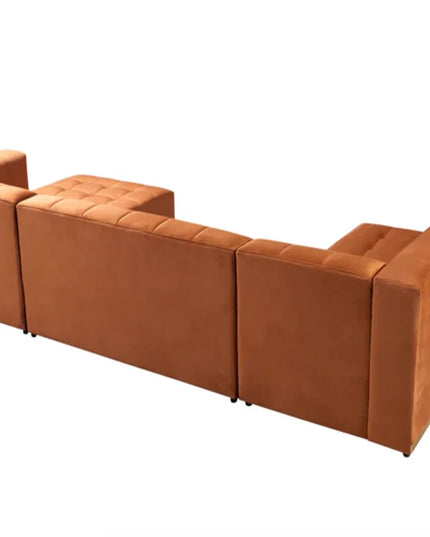 Orange Velvet U Shaped Three Piece Sofa and Chaise Sectional With Toss Pillows