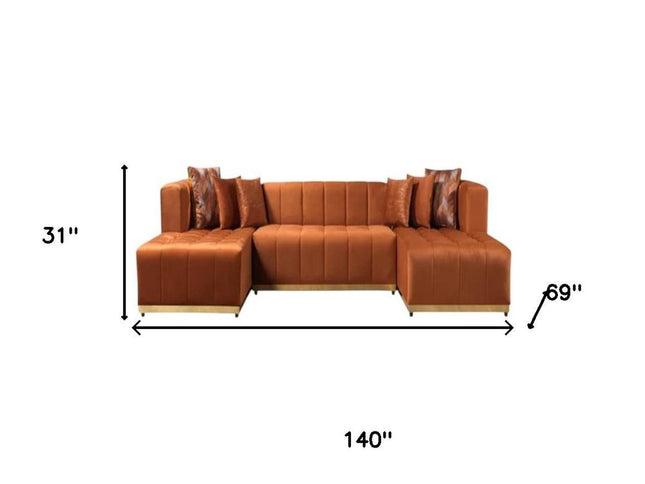 Orange Velvet U Shaped Three Piece Sofa and Chaise Sectional With Toss Pillows