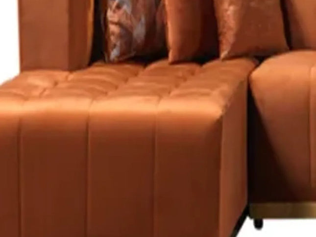Orange Velvet U Shaped Three Piece Sofa and Chaise Sectional With Toss Pillows