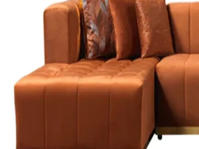 Orange Velvet U Shaped Three Piece Sofa and Chaise Sectional With Toss Pillows