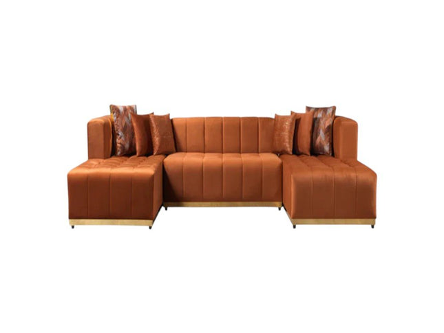Orange Velvet U Shaped Three Piece Sofa and Chaise Sectional With Toss Pillows