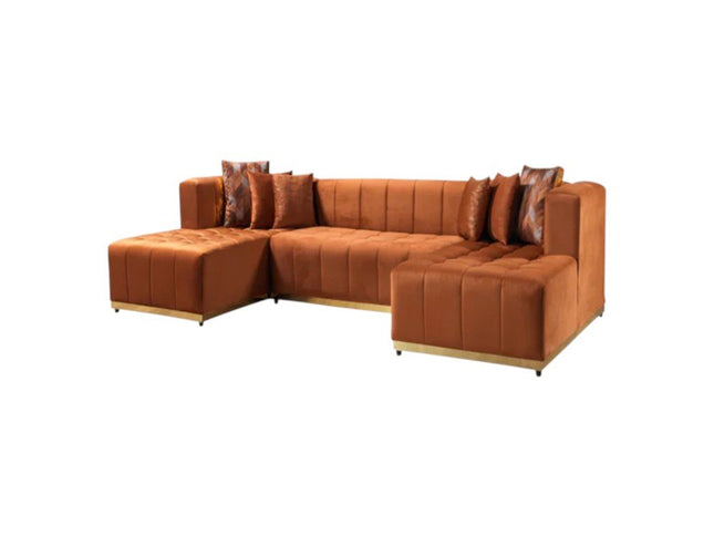 Orange Velvet U Shaped Three Piece Sofa and Chaise Sectional With Toss Pillows