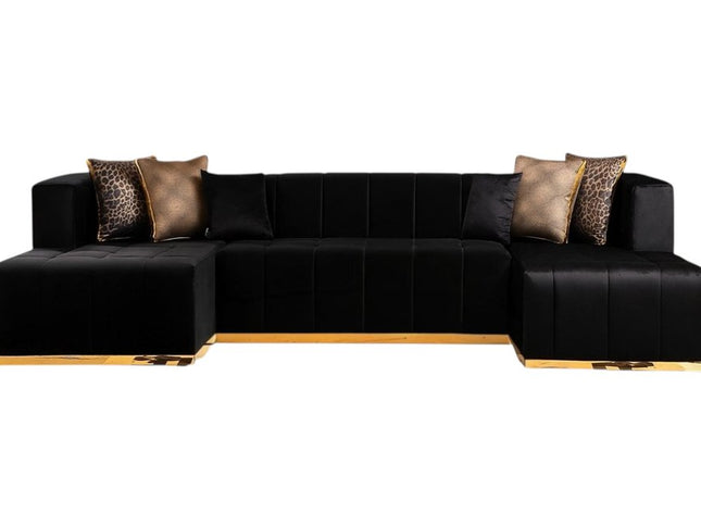 Black Velvet U Shaped Three Piece Sofa and Chaise Sectional With Toss Pillows