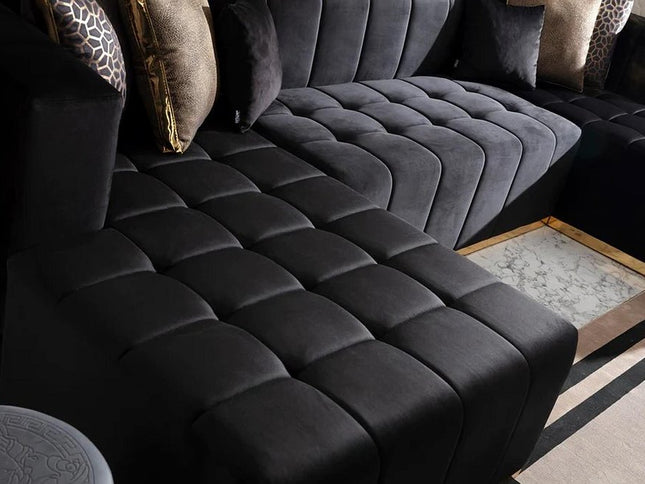 Black Velvet U Shaped Three Piece Sofa and Chaise Sectional With Toss Pillows