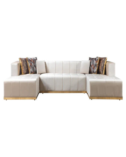 Ivory Velvet U Shaped Three Piece Sofa and Chaise Sectional With Toss Pillows