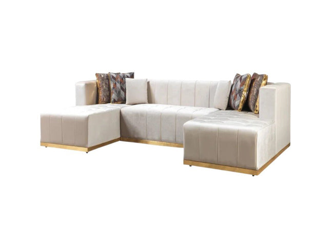 Ivory Velvet U Shaped Three Piece Sofa and Chaise Sectional With Toss Pillows