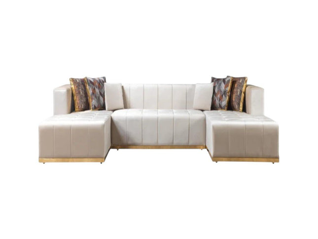 Ivory Velvet U Shaped Three Piece Sofa and Chaise Sectional With Toss Pillows