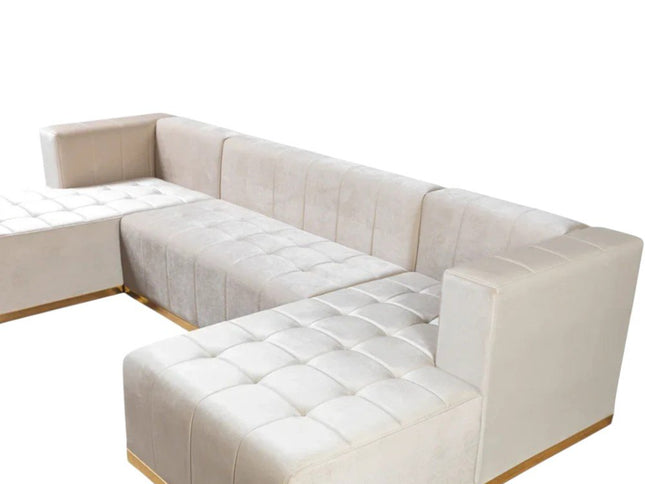 Ivory Velvet U Shaped Three Piece Sofa and Chaise Sectional With Toss Pillows