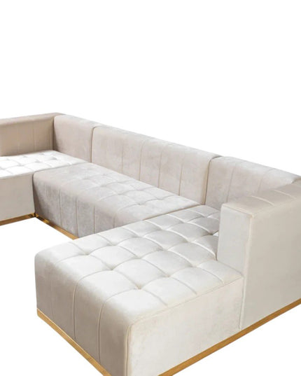 Ivory Velvet U Shaped Three Piece Sofa and Chaise Sectional With Toss Pillows