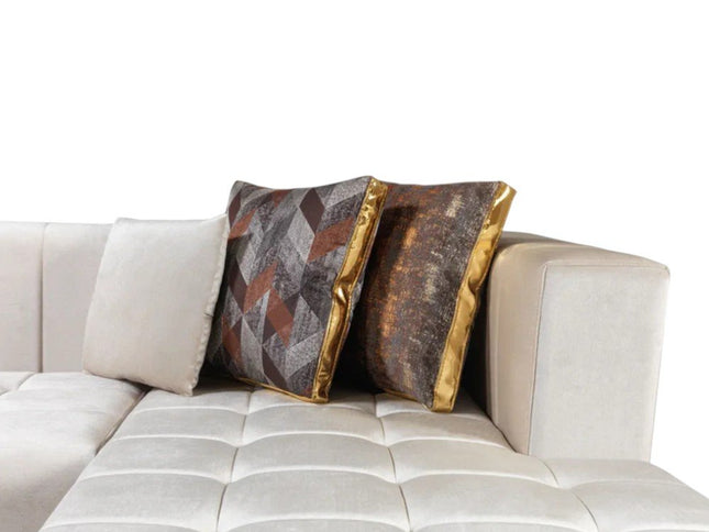 Ivory Velvet U Shaped Three Piece Sofa and Chaise Sectional With Toss Pillows