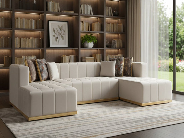 Ivory Velvet U Shaped Three Piece Sofa and Chaise Sectional With Toss Pillows