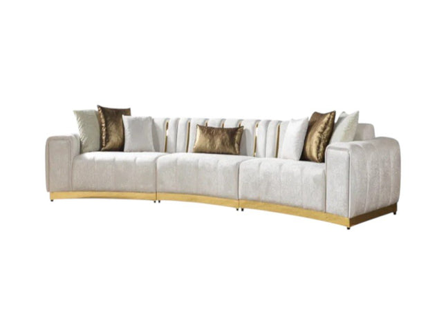 Gold And White Velvet Curved Three Piece Sectional With Toss Pillows