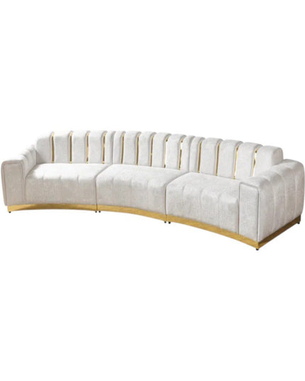 Gold And White Velvet Curved Three Piece Sectional With Toss Pillows