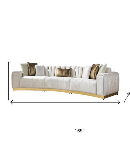 Gold And White Velvet Curved Three Piece Sectional With Toss Pillows