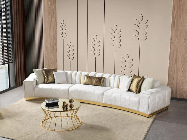 Gold And White Velvet Curved Three Piece Sectional With Toss Pillows