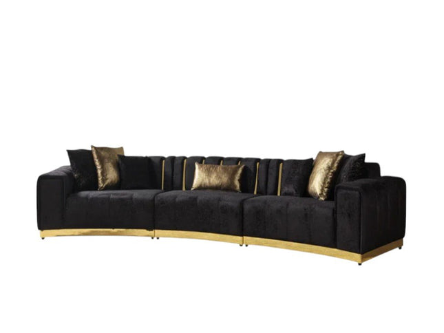 Black Velvet Curved Three Piece Sectional With Toss Pillows