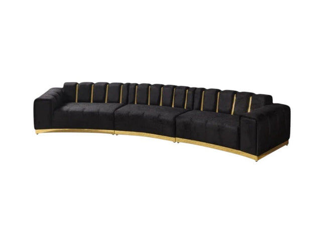 Black Velvet Curved Three Piece Sectional With Toss Pillows