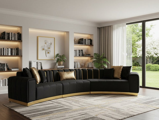 Black Velvet Curved Three Piece Sectional With Toss Pillows