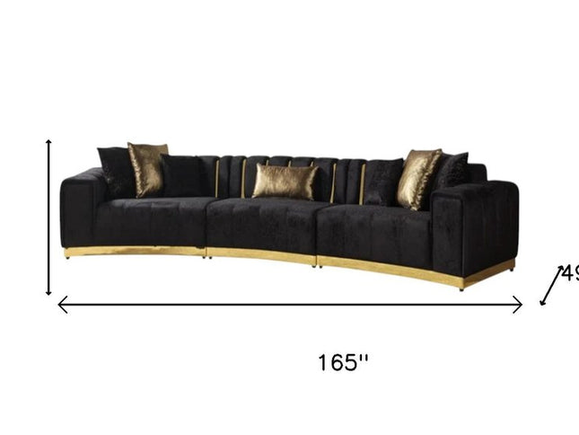Black Velvet Curved Three Piece Sectional With Toss Pillows