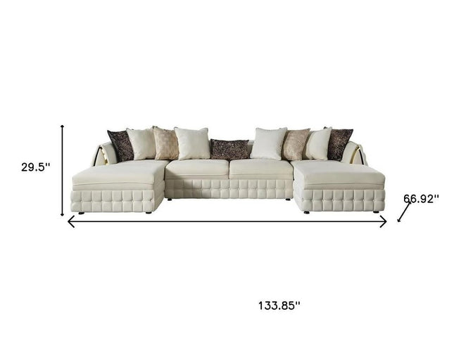 Cream Velvet U Shaped Sofa and Chaise Sectional With Toss Pillows