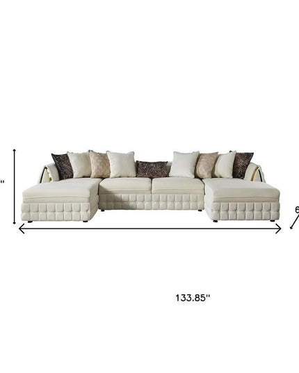 Cream Velvet U Shaped Sofa and Chaise Sectional With Toss Pillows