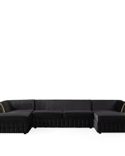 Black Velvet U Shaped Sofa and Chaise Sectional With Toss Pillows