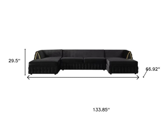 Black Velvet U Shaped Sofa and Chaise Sectional With Toss Pillows