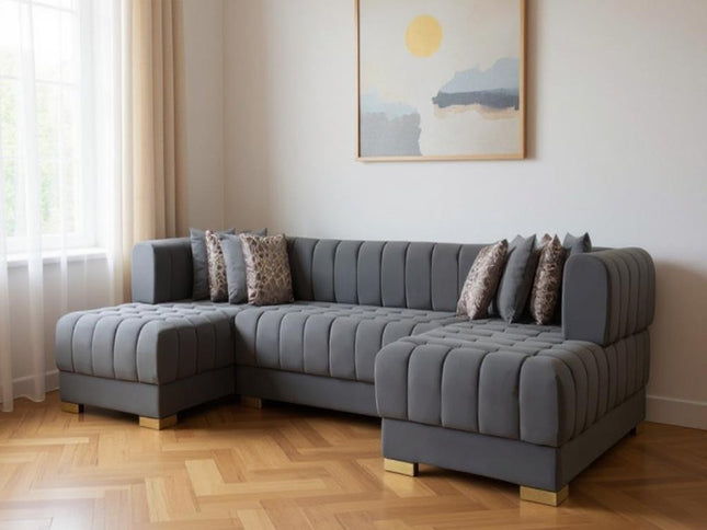 Gray Velvet U Shaped Three Piece Sofa and Chaise Sectional With Toss Pillows