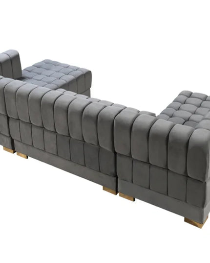 Gray Velvet U Shaped Three Piece Sofa and Chaise Sectional With Toss Pillows