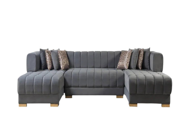 Gray Velvet U Shaped Three Piece Sofa and Chaise Sectional With Toss Pillows