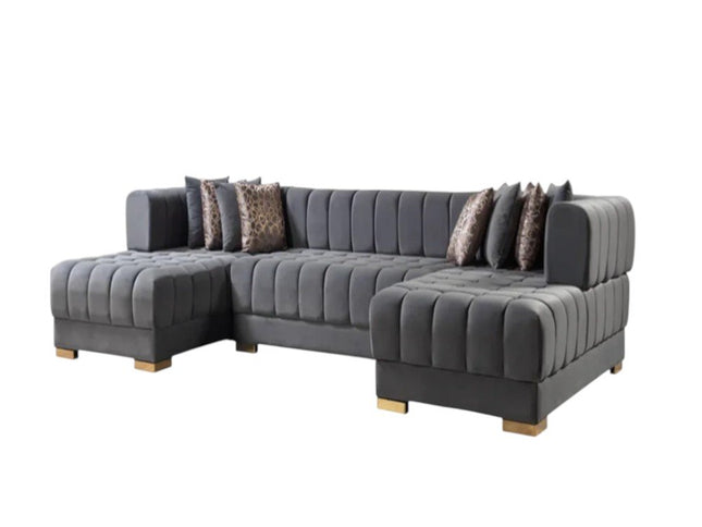 Gray Velvet U Shaped Three Piece Sofa and Chaise Sectional With Toss Pillows