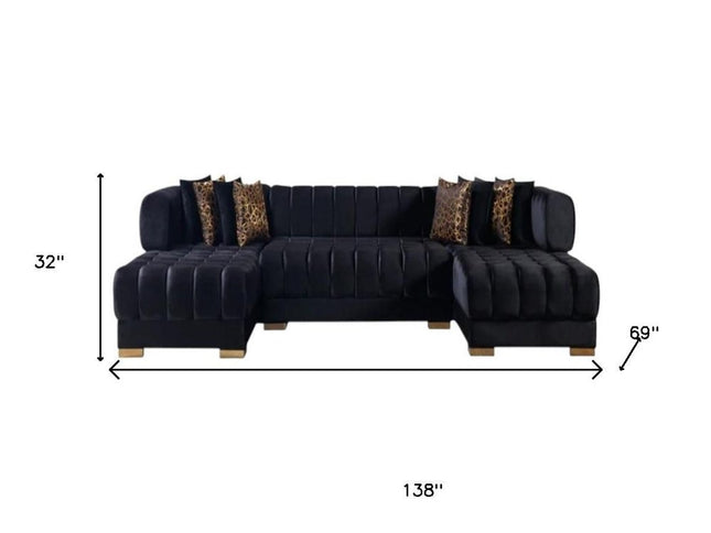 Black Velvet U Shaped Three Piece Sofa and Chaise Sectional With Toss Pillows