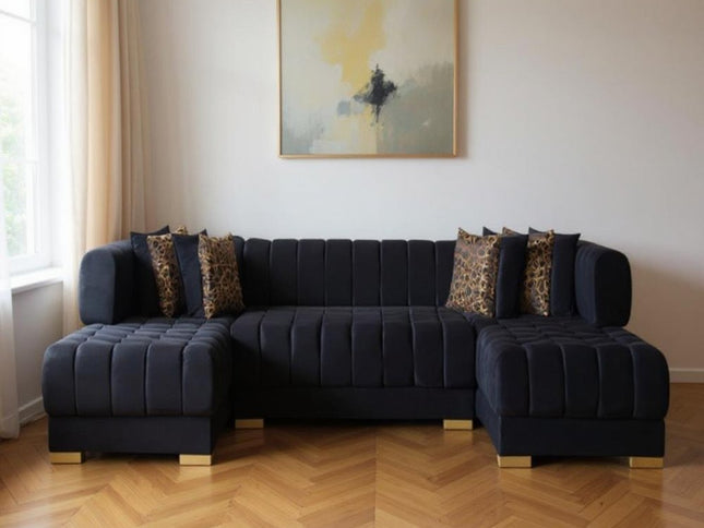 Black Velvet U Shaped Three Piece Sofa and Chaise Sectional With Toss Pillows