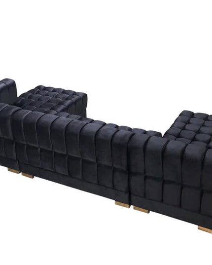 Black Velvet U Shaped Three Piece Sofa and Chaise Sectional With Toss Pillows