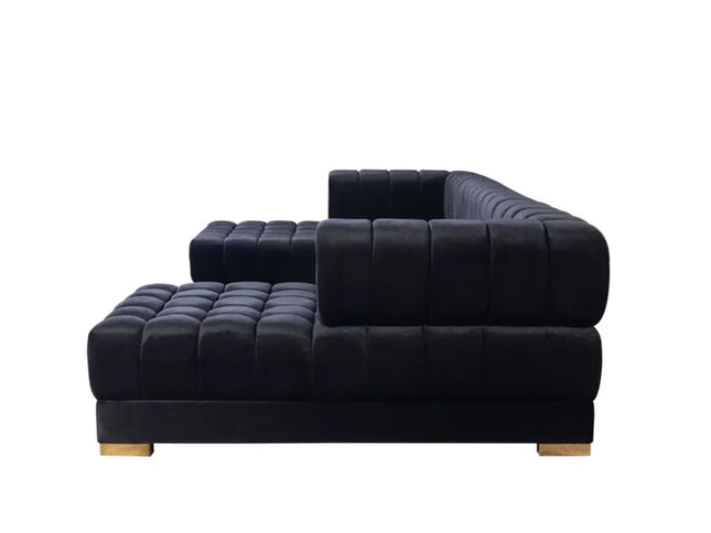 Black Velvet U Shaped Three Piece Sofa and Chaise Sectional With Toss Pillows