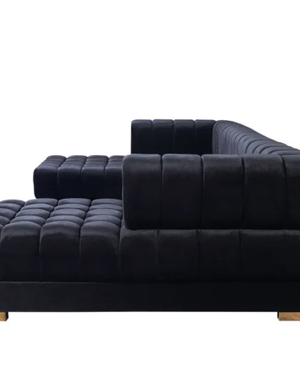 Black Velvet U Shaped Three Piece Sofa and Chaise Sectional With Toss Pillows