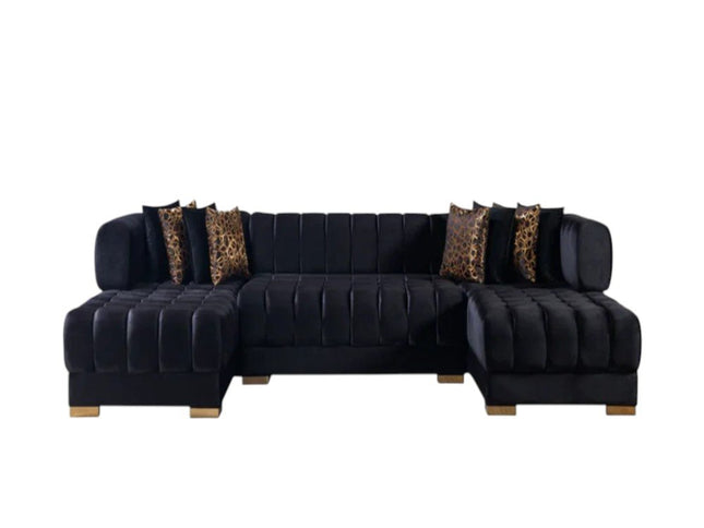 Black Velvet U Shaped Three Piece Sofa and Chaise Sectional With Toss Pillows