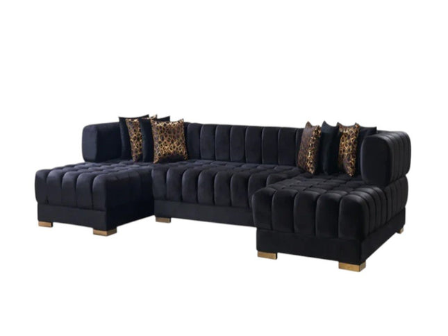 Black Velvet U Shaped Three Piece Sofa and Chaise Sectional With Toss Pillows