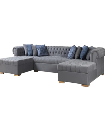 Gray Velvet U Shaped Three Piece Sofa and Chaise Sectional With Toss Pillows