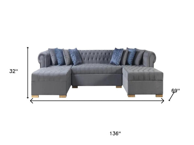 Gray Velvet U Shaped Three Piece Sofa and Chaise Sectional With Toss Pillows