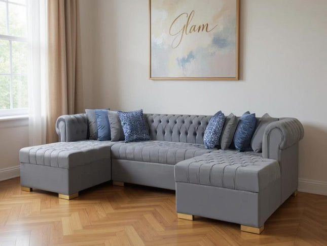 Gray Velvet U Shaped Three Piece Sofa and Chaise Sectional With Toss Pillows